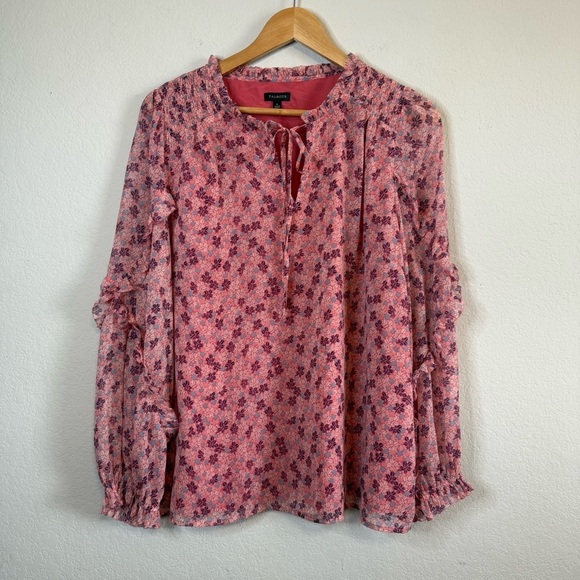 Talbots Pink Floral Ruffle Long Sleeve Sheer Overlay Whimsical Shirt Blouse Top - Picture 1 of 10